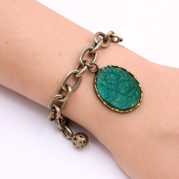 Vintage Oriental Asian Style Charm Bracelet Green Oval Dangle 7" Chain - Hey Viv - Picture 7 of 8